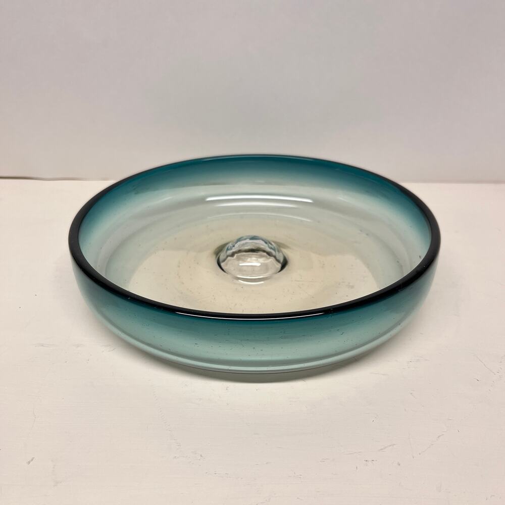 Hand Blown Glass Shallow Bowl in Ombre Teal